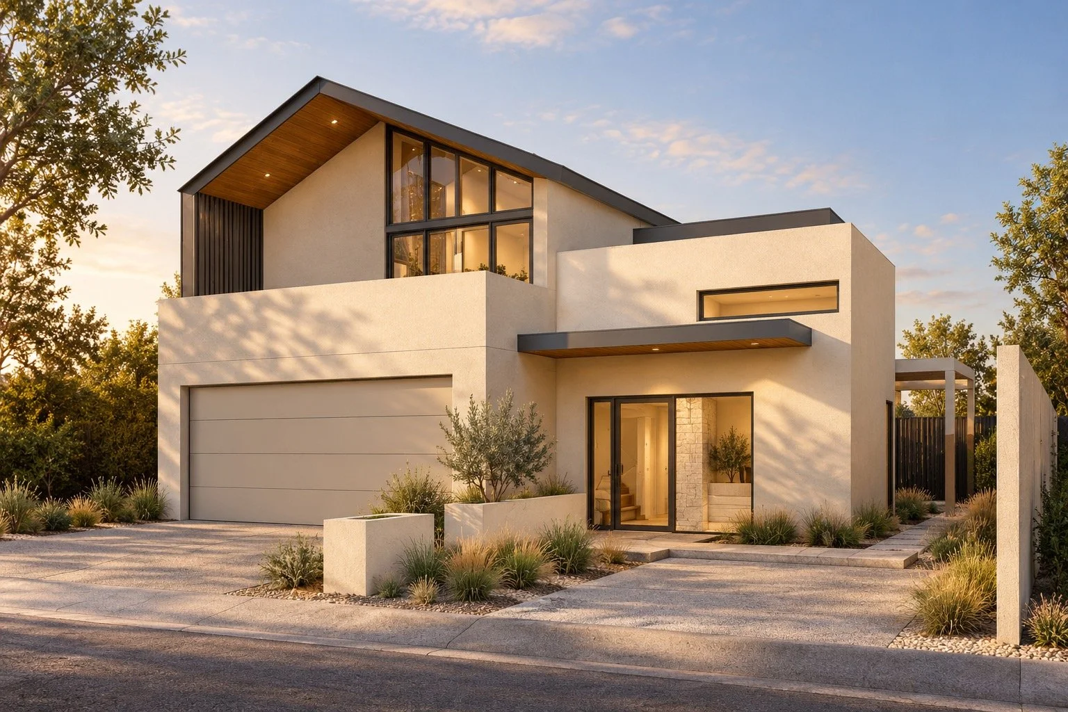 Illustrative Banner Avenue residence rendering based on its project plans, with ivory stucco, warm wood soffits, a front garage and recessed entry.