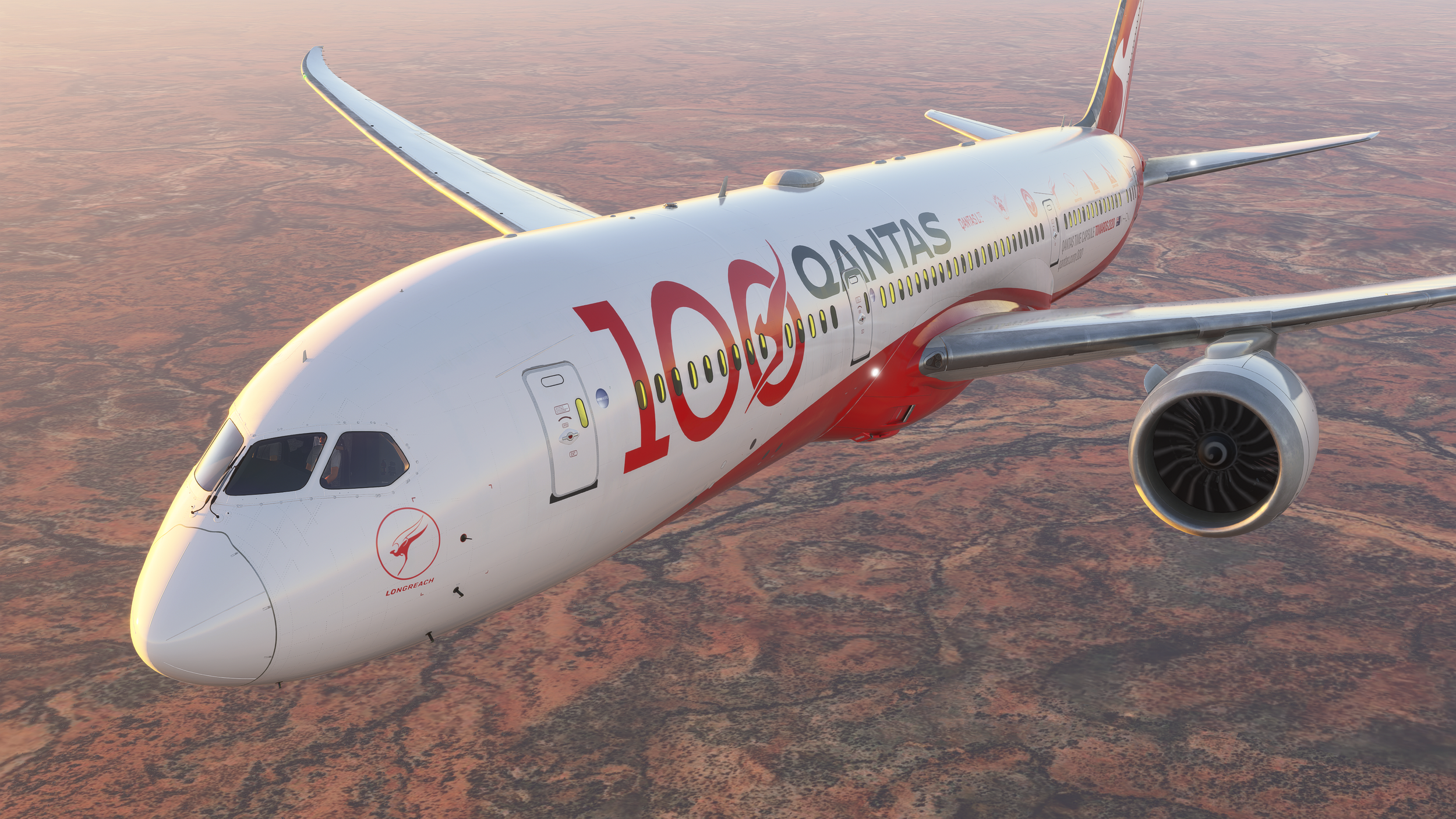 A Qantas airplane flying over a landscape during sunset, with the airline's red and white logo visible on the fuselage.