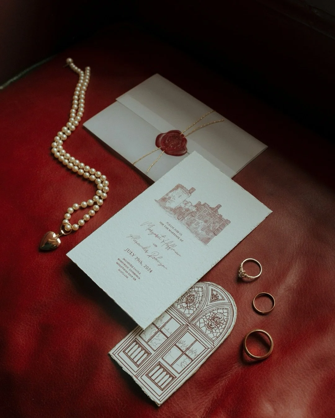 It&rsquo;s the details for me ✨

From wax stamps, pearls necklaces and red leather room bench to the vines falling down a literal castle (!!), every little piece of Margaret &amp; Alex&rsquo;s day felt intentional, romantic, and oh-so-unique.

Their 