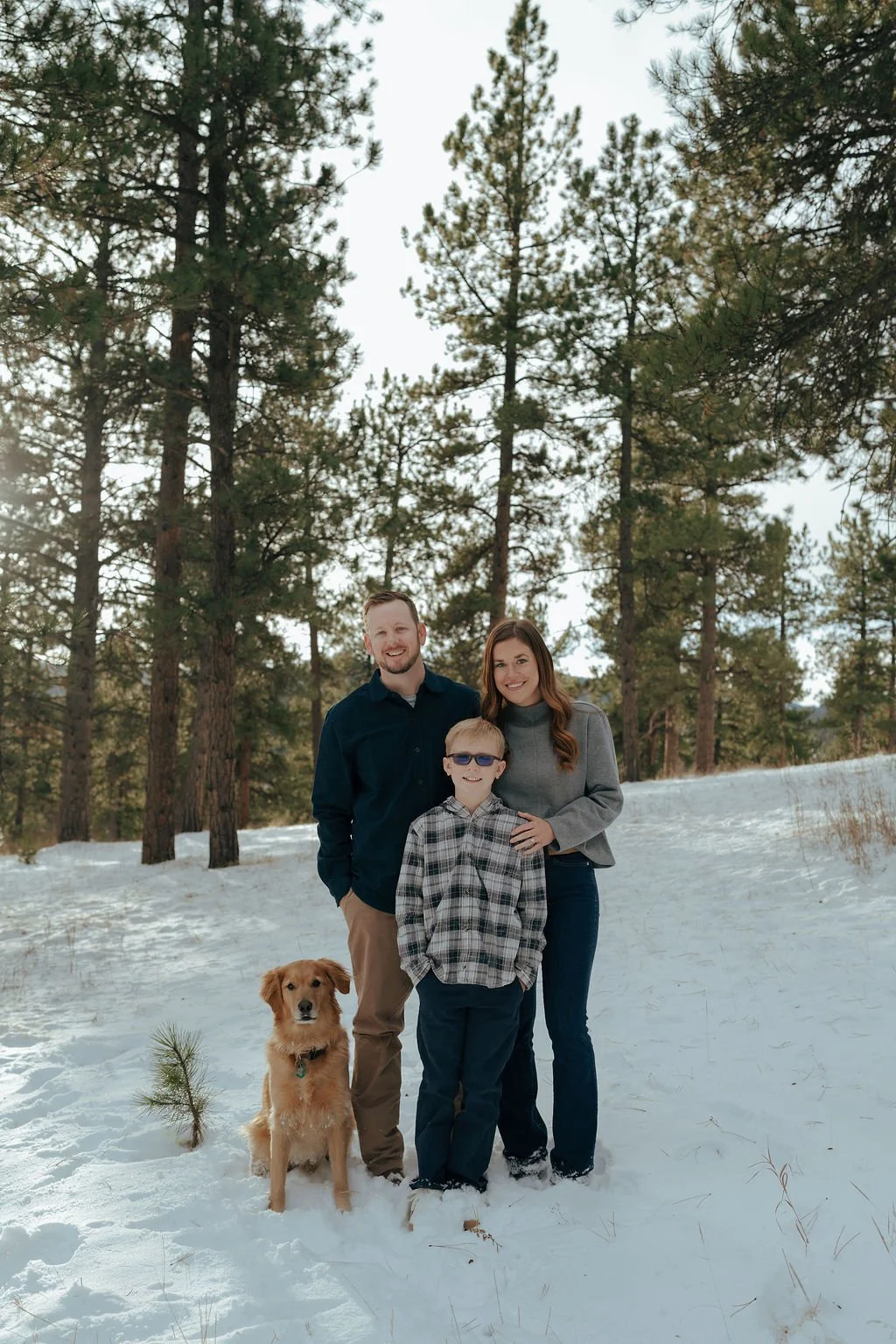 A man, woman, child, and a golden retriever stand together in a snowy forest with pine trees in the background for a documentary family photography session
