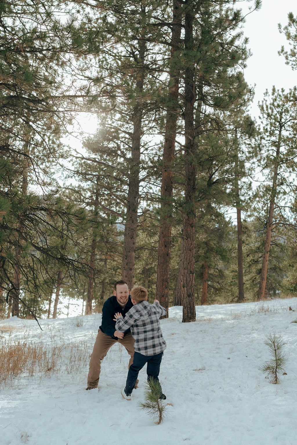 A man, a child, and a golden retriever walk uphill through a snowy forest surrounded by tall pine trees.