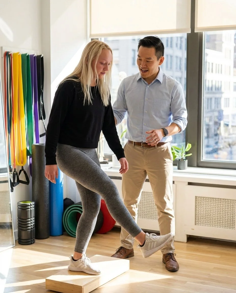 Patient working with a provider at a performance physical therapy clinic in New York, NY during a lower body strengthening session