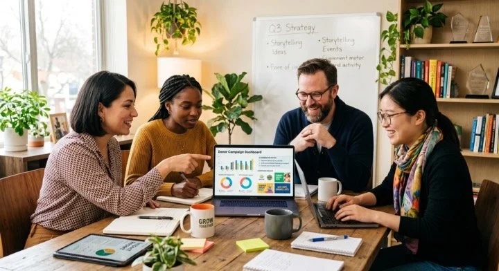 Nonprofit fundraisers reviewing AI-assisted campaign materials, donor data, and fundraising graphics together on a laptop.