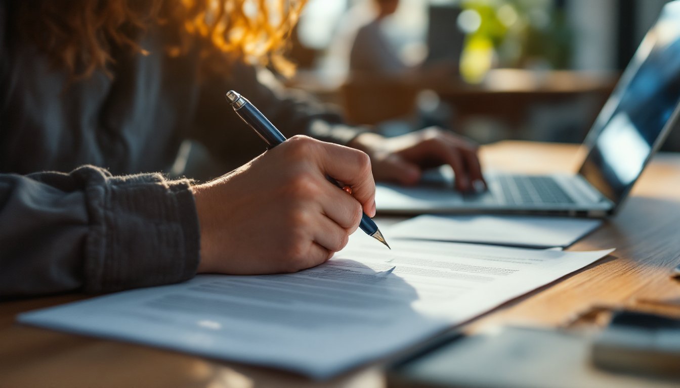 A nonprofit grant writer concentrating over a proposal draft at a sunlit desk, a colleague working softly in the background.