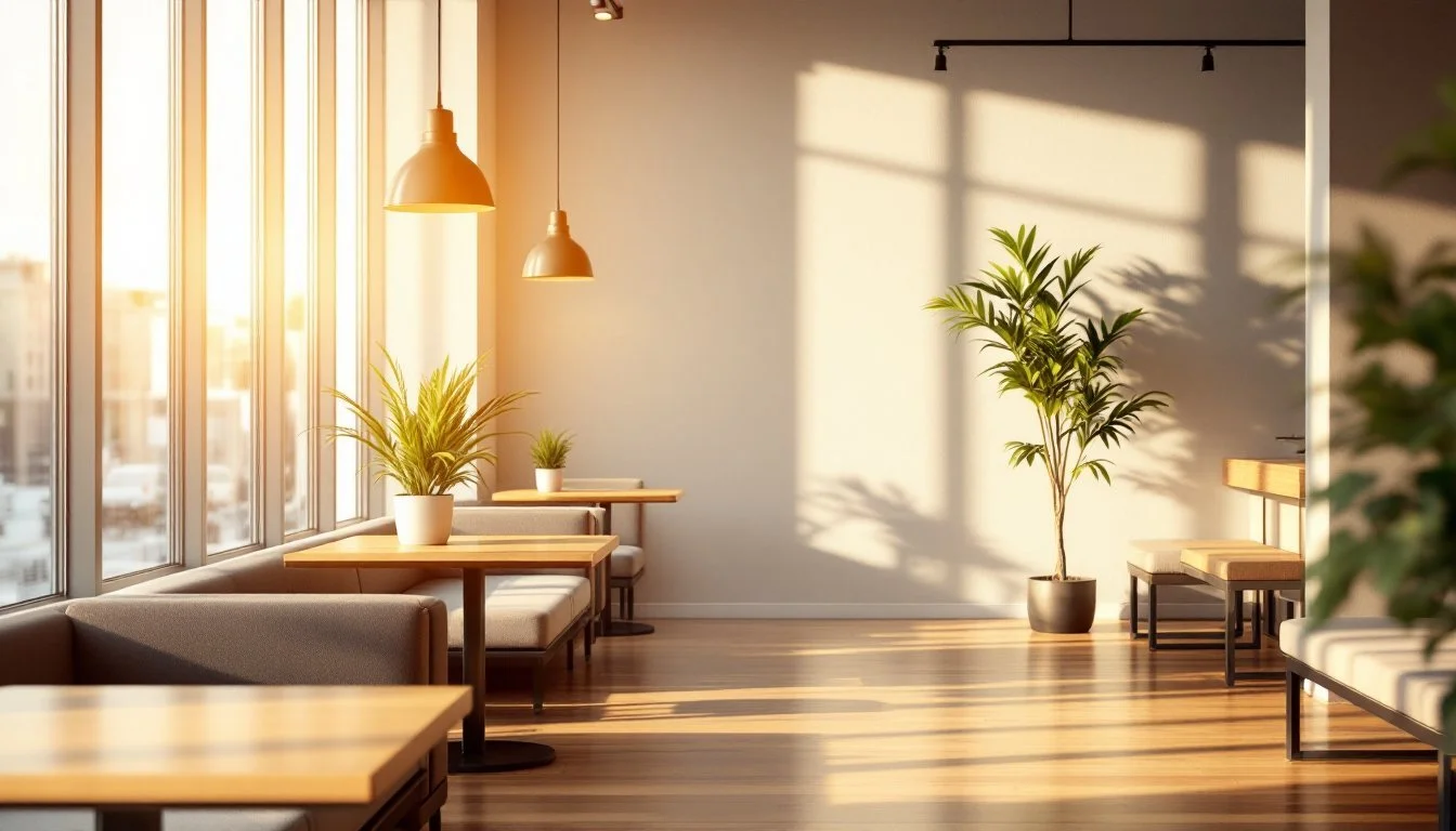 A warm, light-filled shared workspace common area, empty of people — a metaphor for workplace giving.