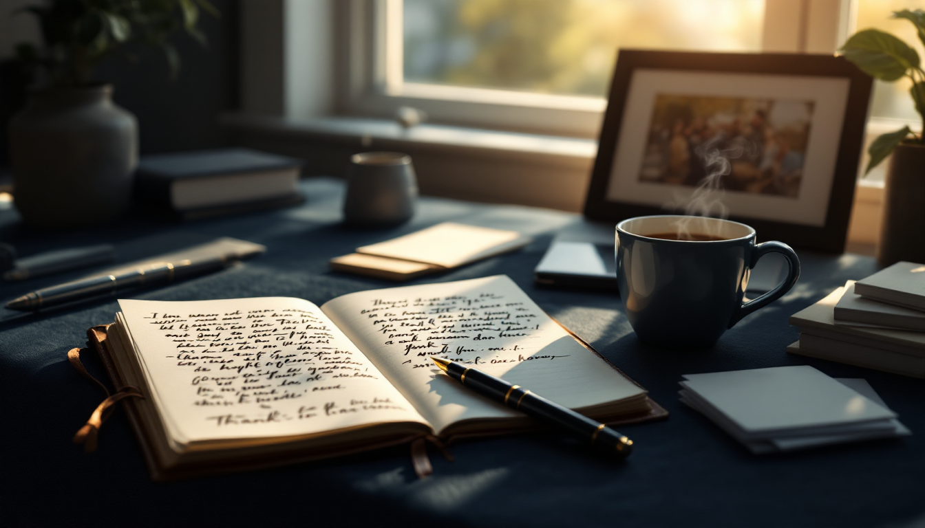 An open journal of handwritten donor notes, a fountain pen, and coffee on a development director's desk in morning light.