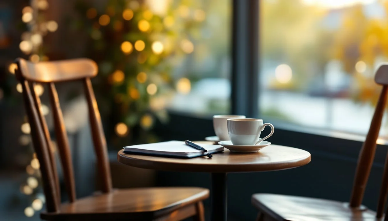 Two chairs and coffee set for a one-on-one meeting in warm window light — a relationship about to begin.