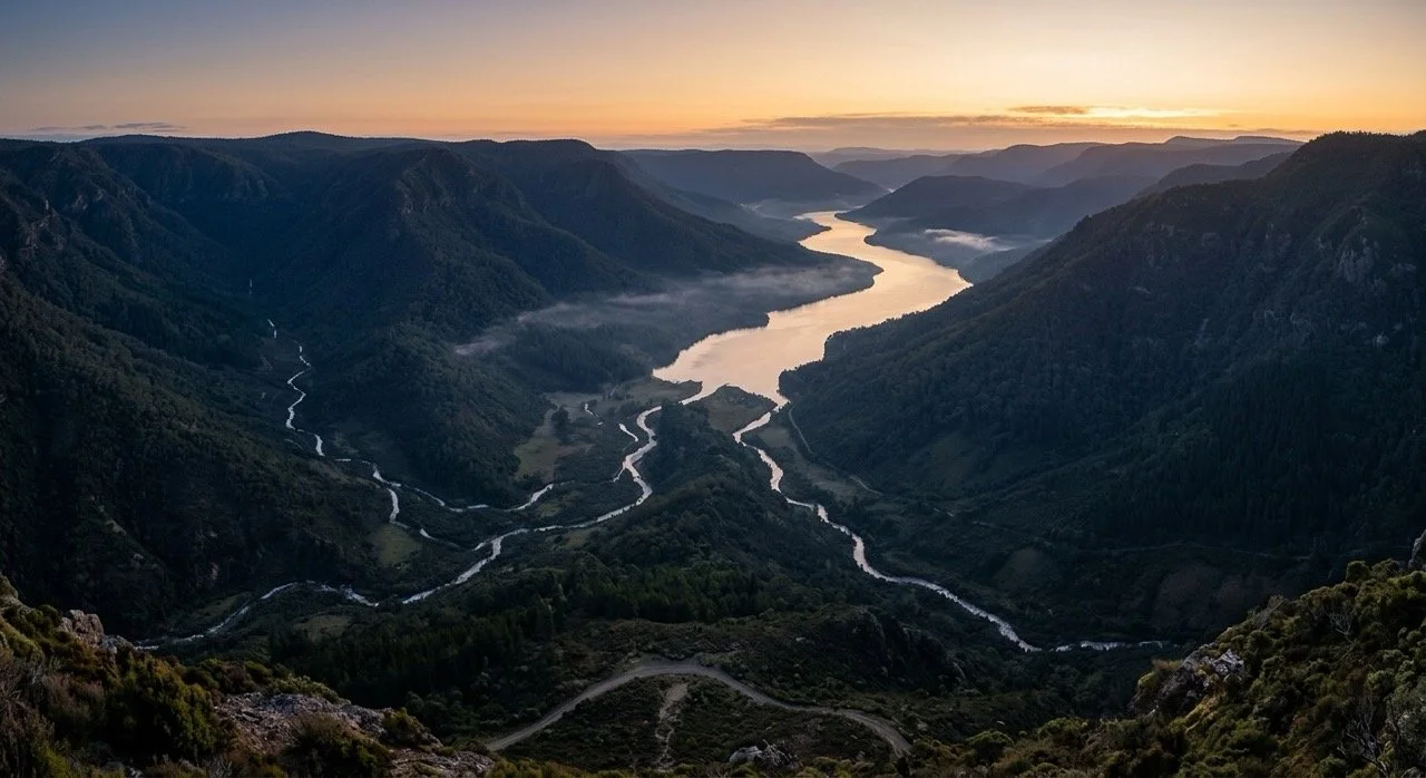 Many small streams converging into one broad river at dawn — small online gifts adding up to steady support.