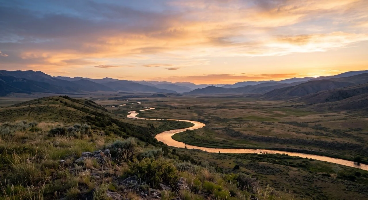 Winding river leading through a golden valley toward distant navy hills at sunrise, evoking scale and long-term giving