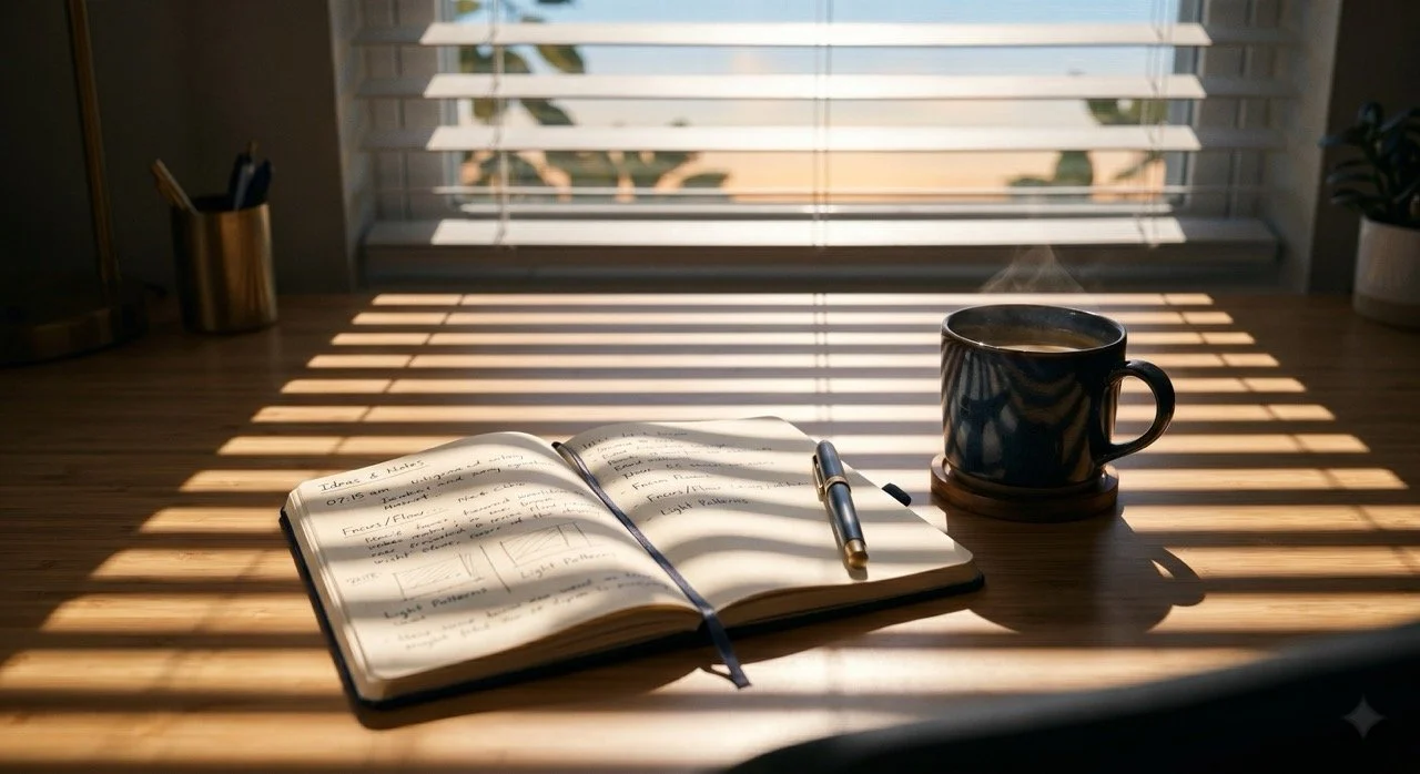 Morning window light falls across an open notebook on a desk, evoking clarity and focus.
