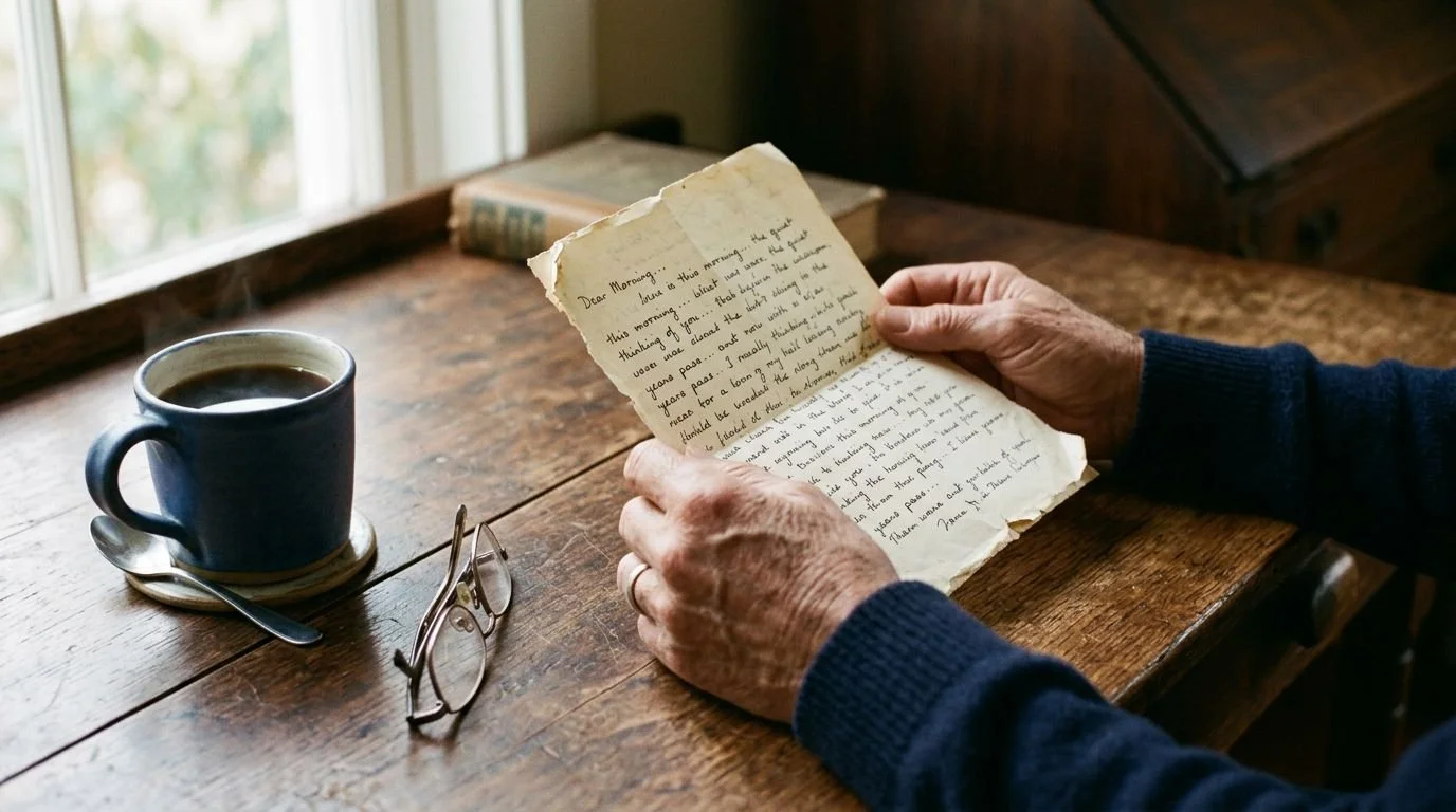 Hands holding a warmly worn handwritten note on a wooden desk in soft morning light, evoking a personal donor thank-you.