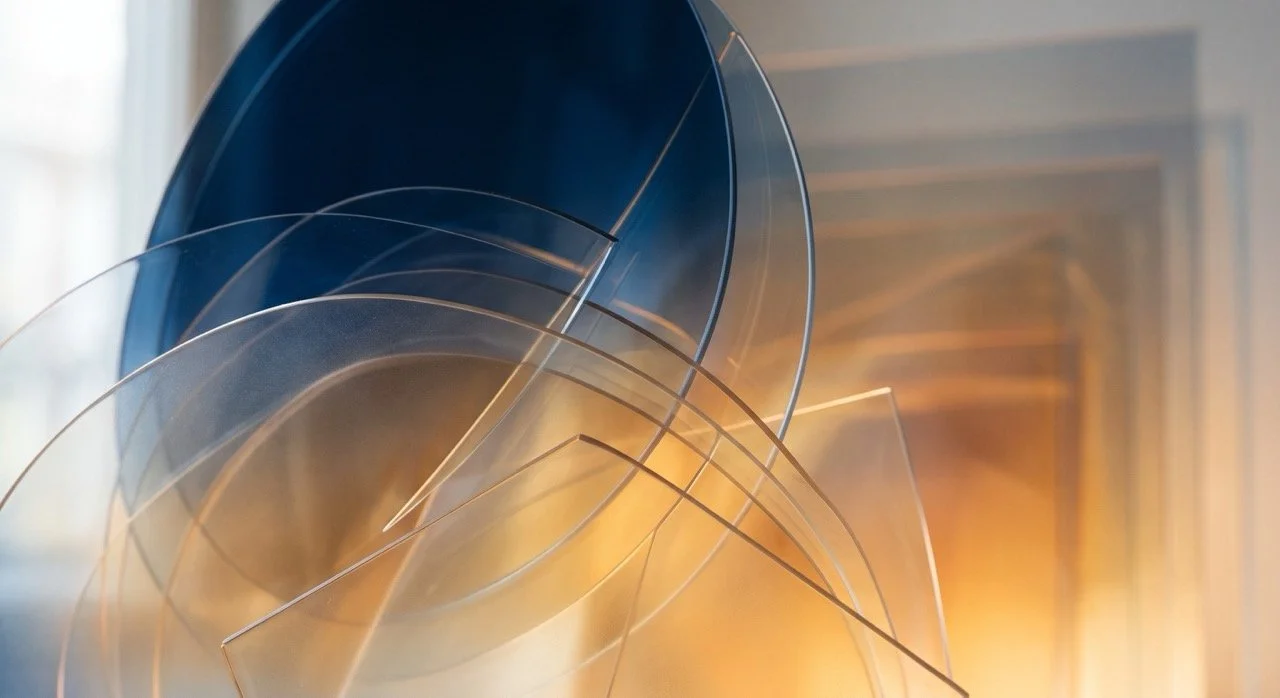 Layered translucent navy and gold geometric forms fading into soft depth, evoking legacy and continuity.