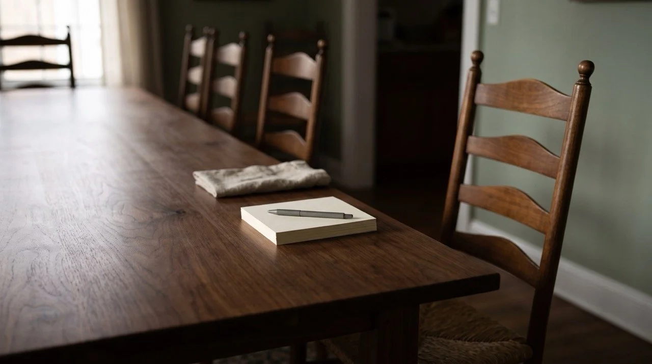 One chair pulled out at a long empty table with a small stack of blank cards and a pen at that single place.