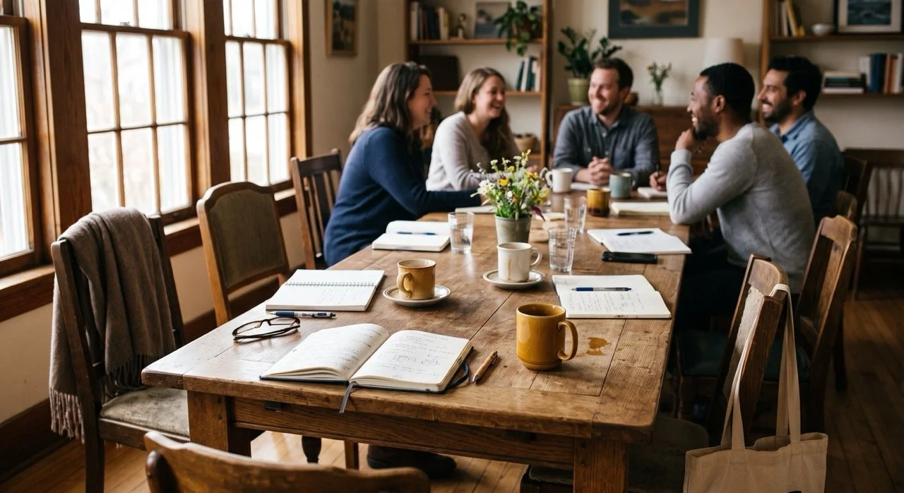Warm wooden meeting table set for a small nonprofit board, notebooks and coffee in soft daylight.