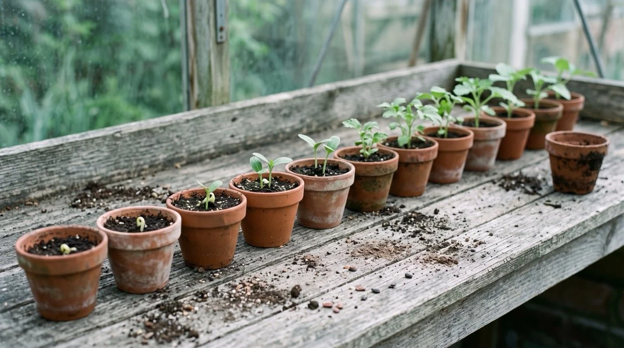 A row of small terracotta pots on a potting bench holding seedlings at different stages, with one pot still empty.