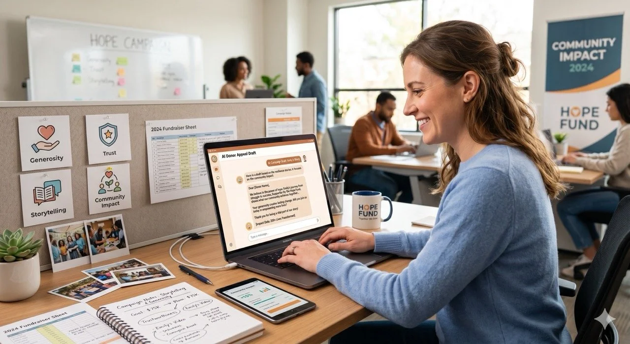 Nonprofit fundraiser using AI on a laptop to write a donor appeal, surrounded by campaign notes, donor message icons, and symbols of trust, generosity, and community impact.