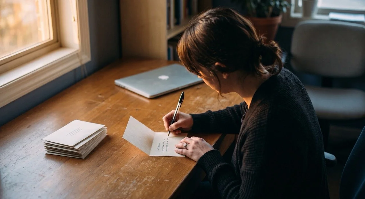 Someone at a desk hand-writing a thank-you note beside a stack of addressed envelopes in warm afternoon light.