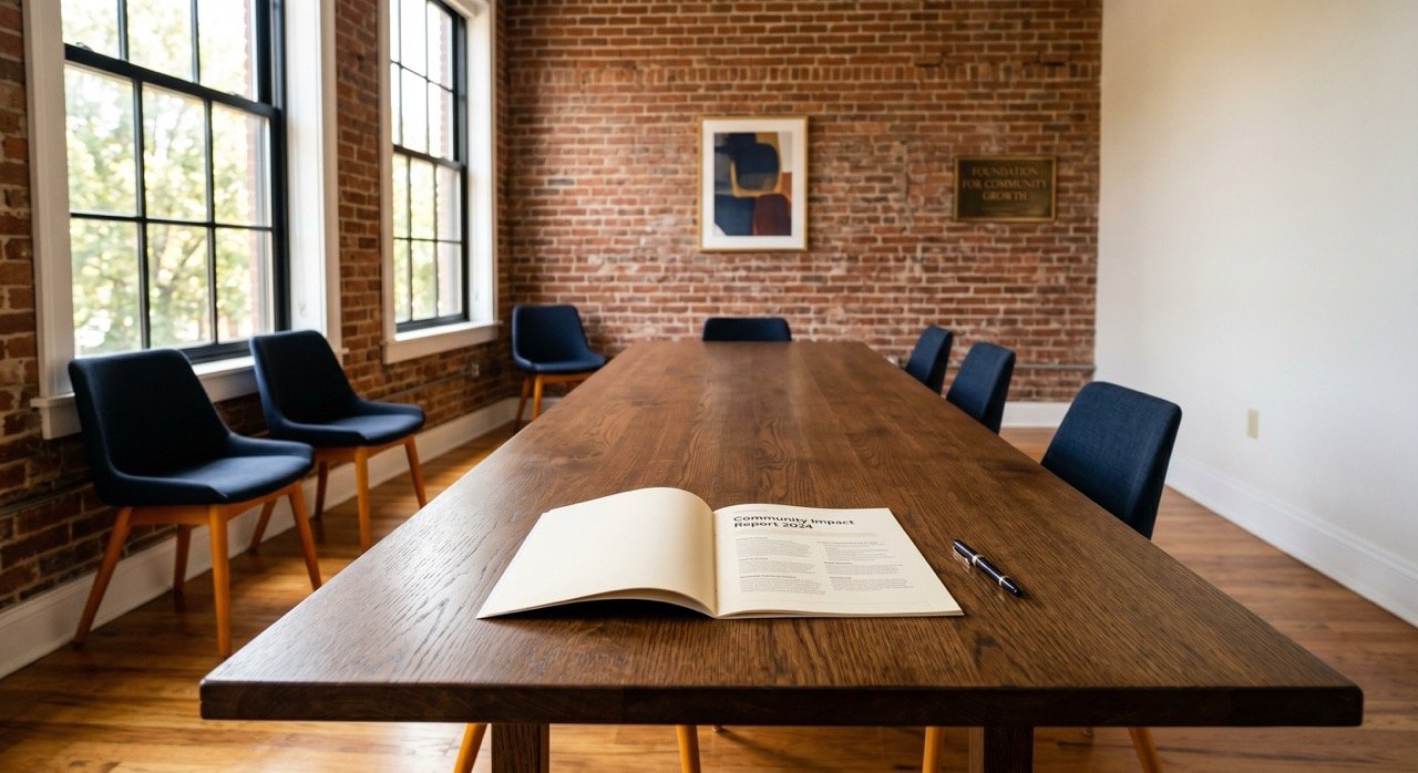 Sunlit nonprofit meeting room with an open document on a wood table, evoking a clear, trustworthy case for support.