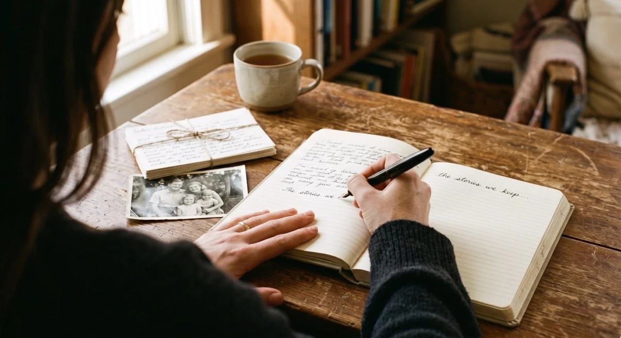 A hand writing in a notebook beside note cards and a photo, representing capturing a donor impact story.