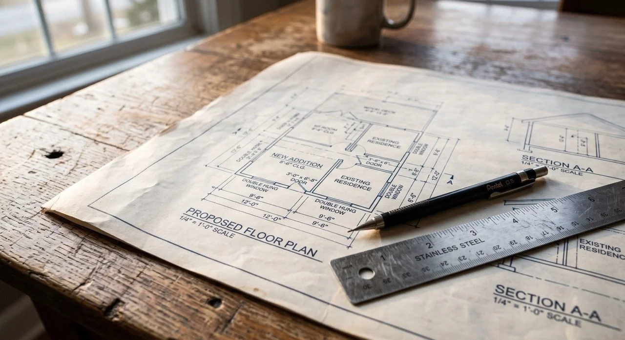 An architect's blueprint, pencil, and ruler on a sunlit table, representing early capital campaign planning.