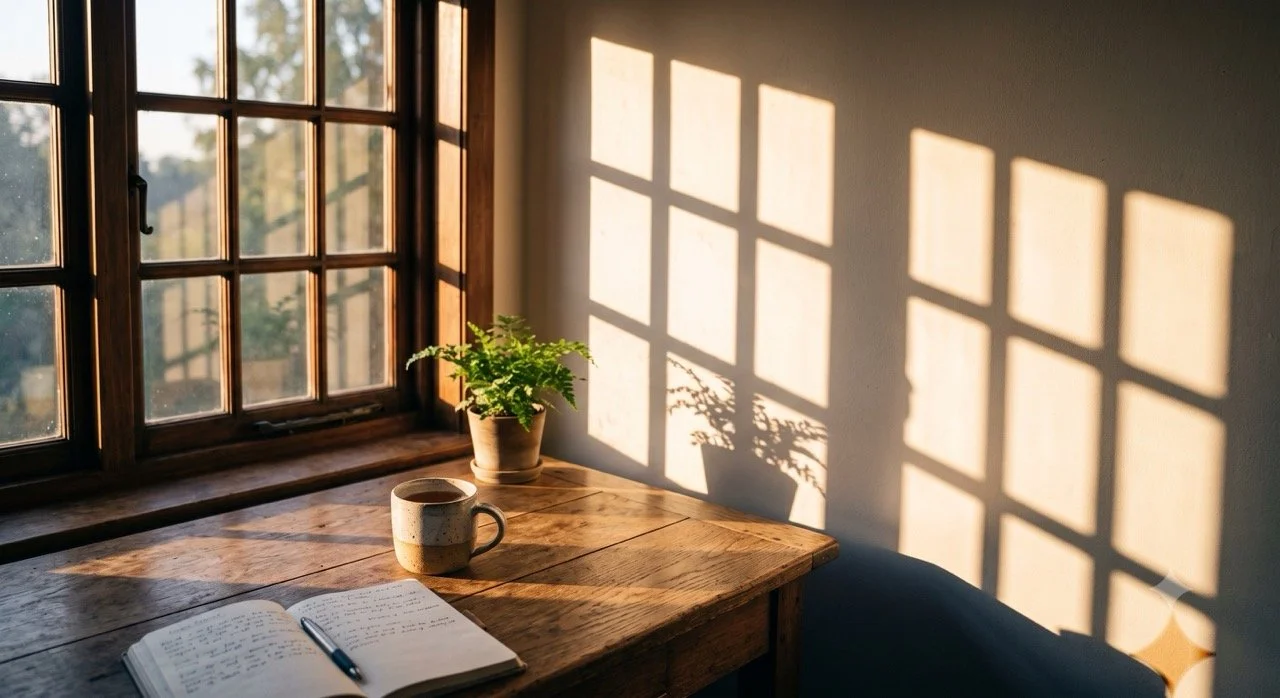 Morning window light casting a doubled pattern of light and shadow on a desk — a gift matched and multiplied.
