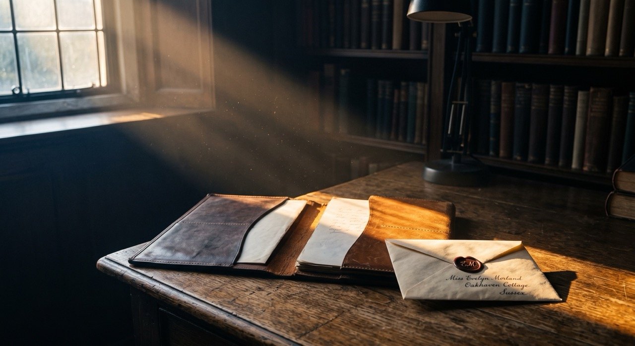 A shaft of warm morning light falling across a desk with an open folder and sealed envelope, half in shadow.