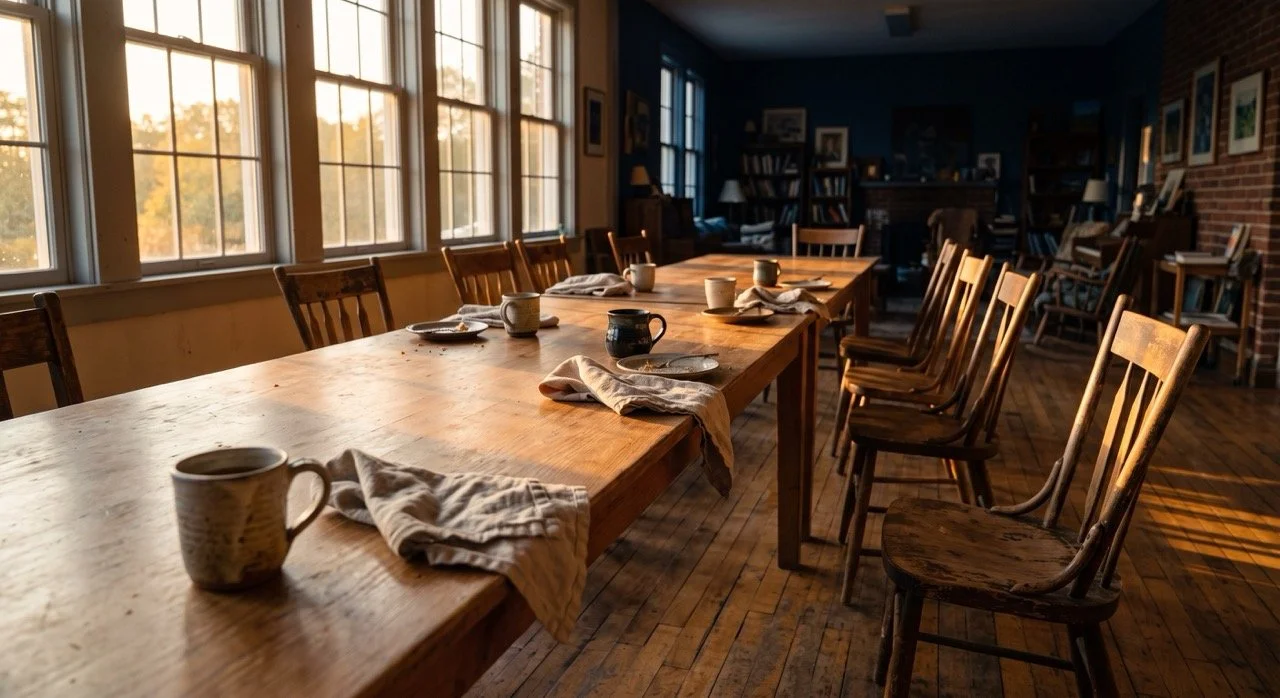 A long wooden community table after a shared meal, chairs pushed back, warm evening light across the grain.