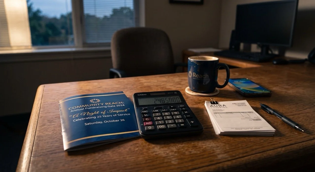 A calculator, folded gala program, and vendor invoices on a sunlit desk the morning after a fundraising event.