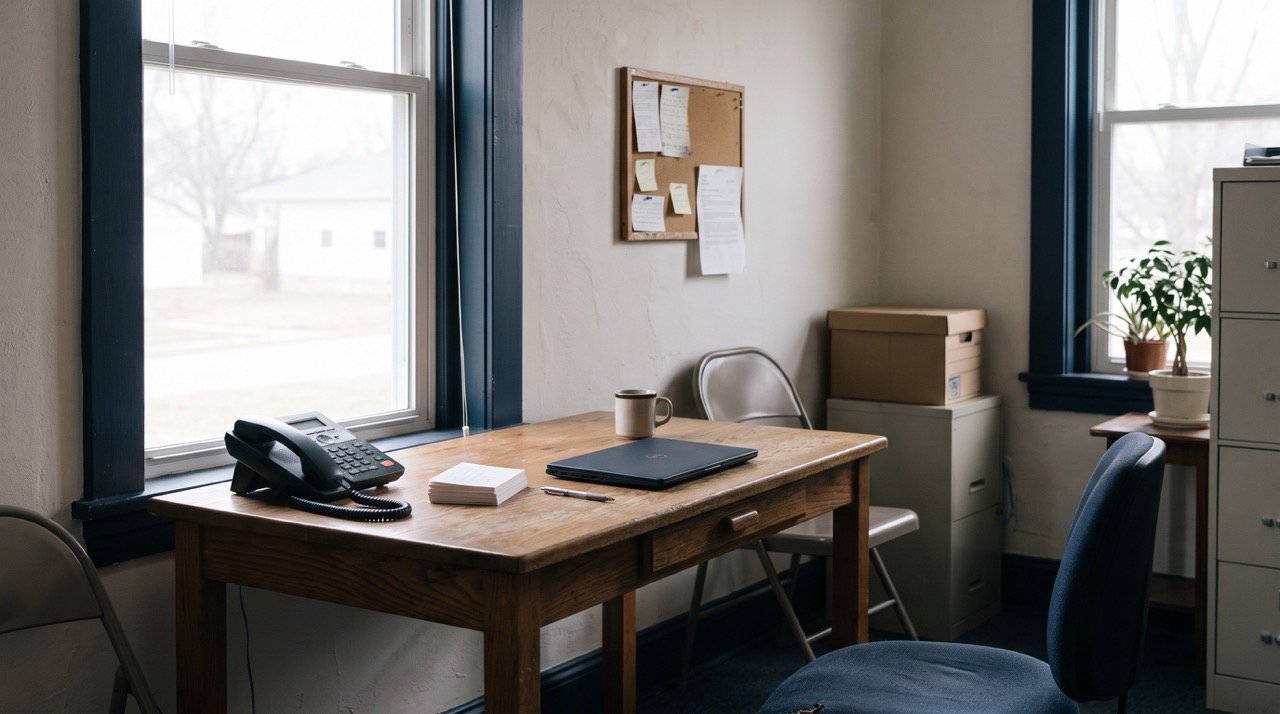 A small nonprofit office desk by a window with a phone, note cards, and a coffee mug in soft morning light.
