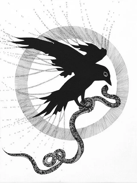 Mandala (bird and snake), 2020. 16" x 14", archival ink on paper. Sold.
