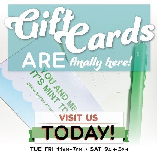 It's true! We finally have gift cards available! ⁠⁠
⁠⁠
Come grab one for your favorite sibling, parent, bride &amp; groom, best friend, neighbor, or teacher. ⁠⁠
⁠⁠
#shoplocal #shopsmall #shopsmallbusiness #gainesville #hydroponicsystem #hydroponics #