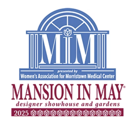 Logo for 'Mansion in May,' presented by Women's Association for Morristown Medical Center, featuring a blue and white design with a stylized mansion, and pink and burgundy text.