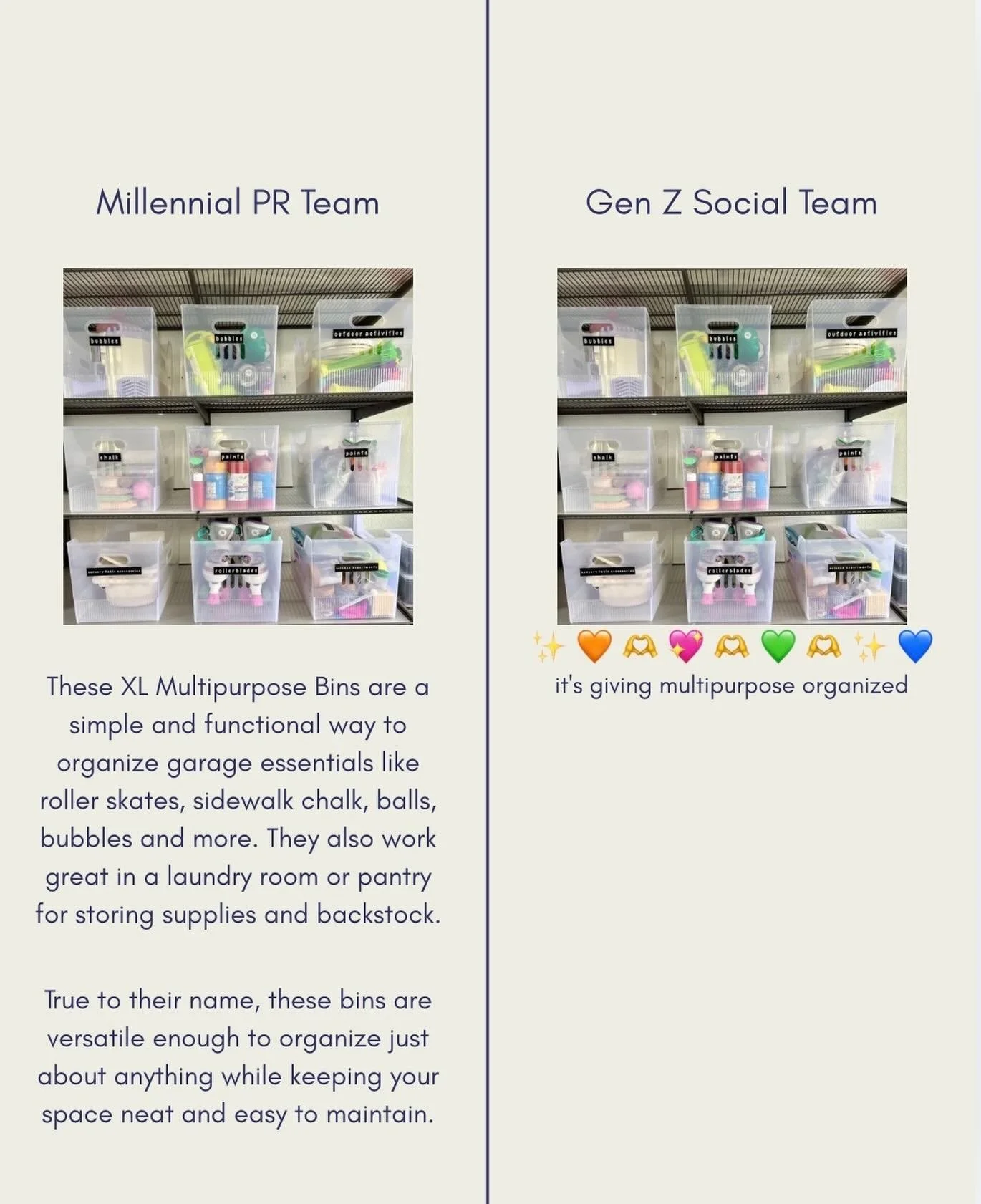 Either way it&rsquo;s organized&hellip; are you a clear bins + labels person or a toss-it-in-a-basket-and-call-it-a-system person? 👀🤷🏼&zwj;♀️

Millennial? Gen Z? Gen X like me? No judgment here &mdash; the best organizing system is the one you&rsq