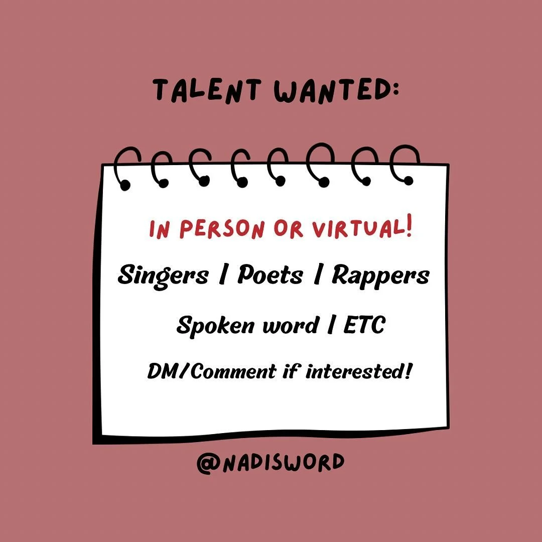 | Talent Wanted | In-person or Virtually
~
Friday, Oct 4th | Wine + Open Mic Night is looking for more talented individuals to showcase themselves this Friday live or virtually. 

DM/Comment for more information! 
Spread the word🫶🏾
&bull;
&bull;
&b