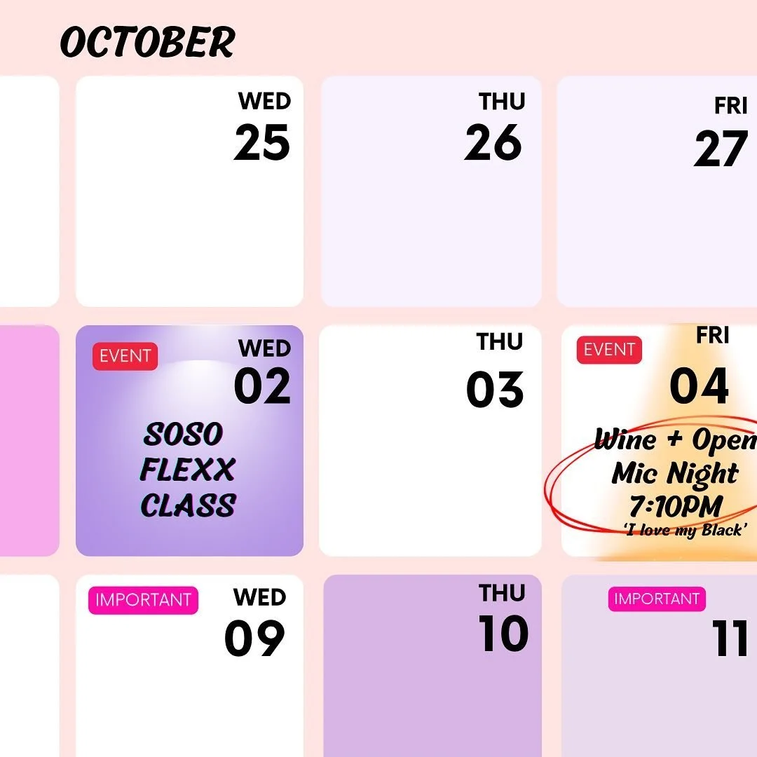 | Good Friday&rsquo;s | October 
Come hang out with me, virtually or live, for another Wine + Open Mic Night. 
~
Join me: 
&bull; Friday, October 4th | Wine + Open Mic Night Pt 5 Grab your wine and catch a vibe! 
1. Get tickets through website in the