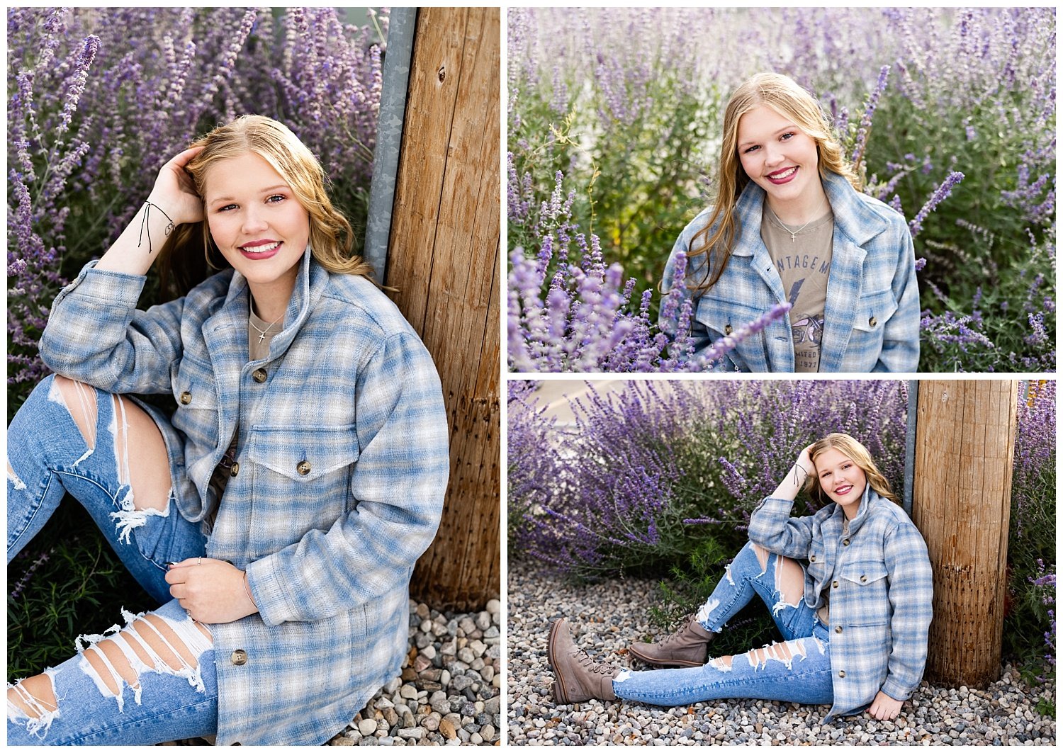 Blonde senior girl in plaid shacket sitting in lavender.