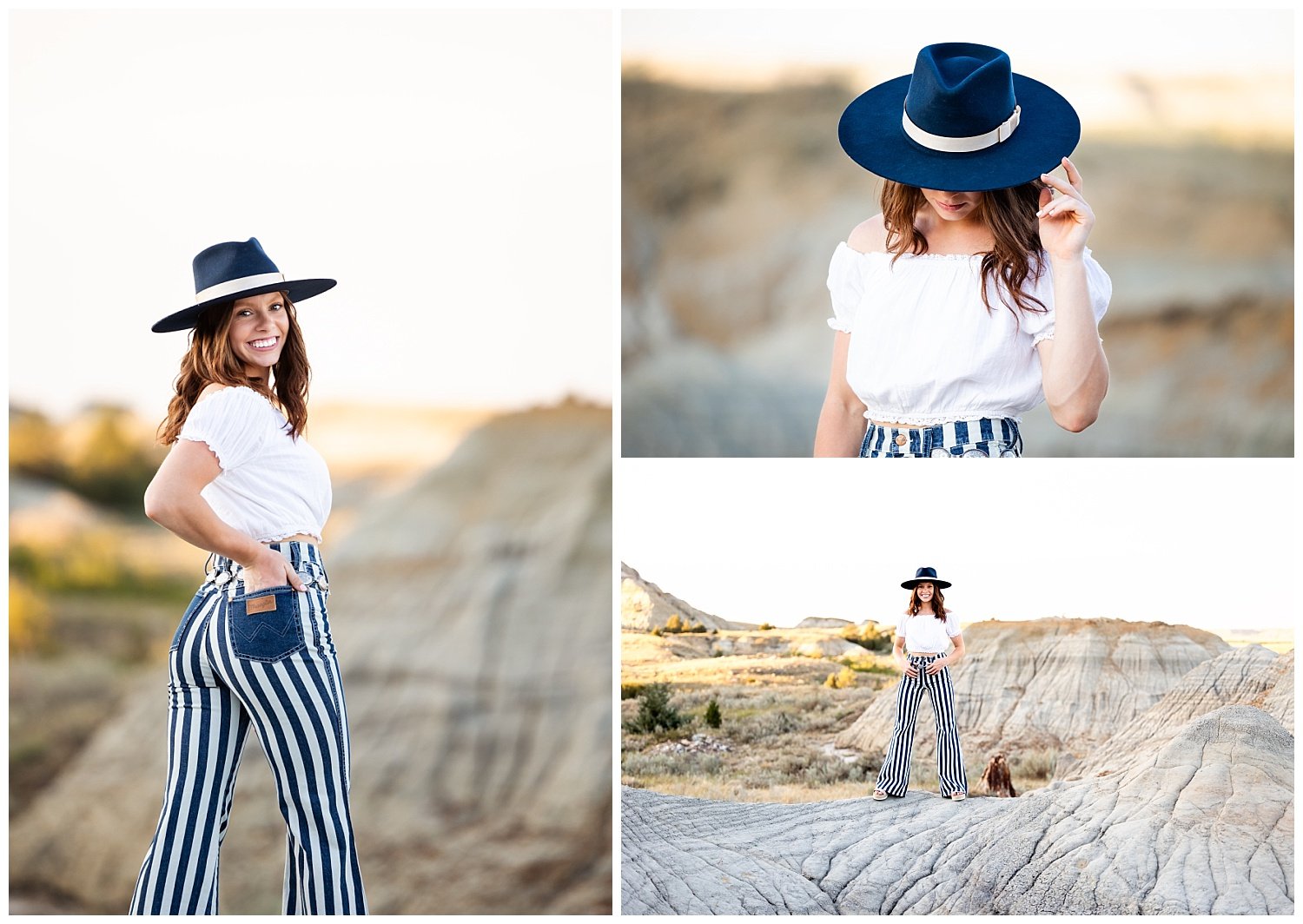 Senior girl in blue hat and striped pants.