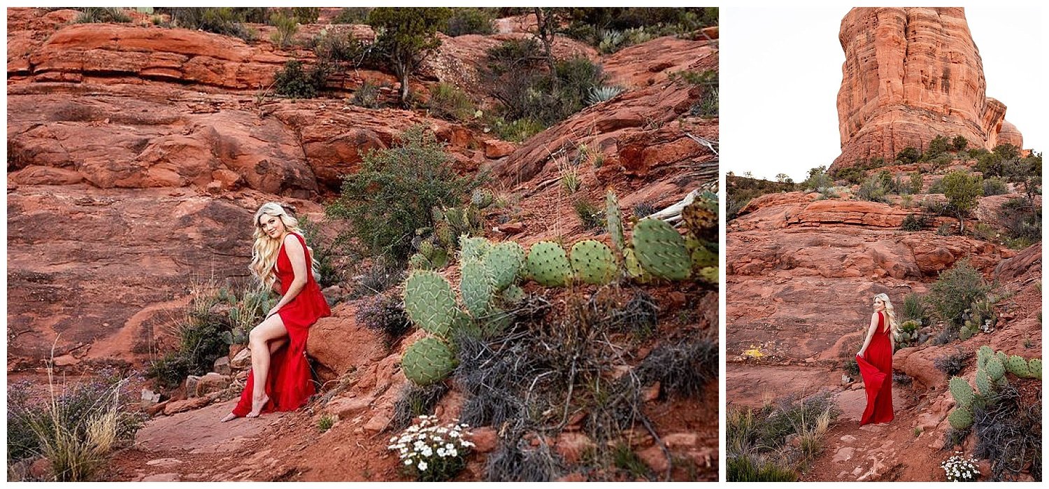 Senior girl in red dress for senior travel session in Sedona, Arizona.