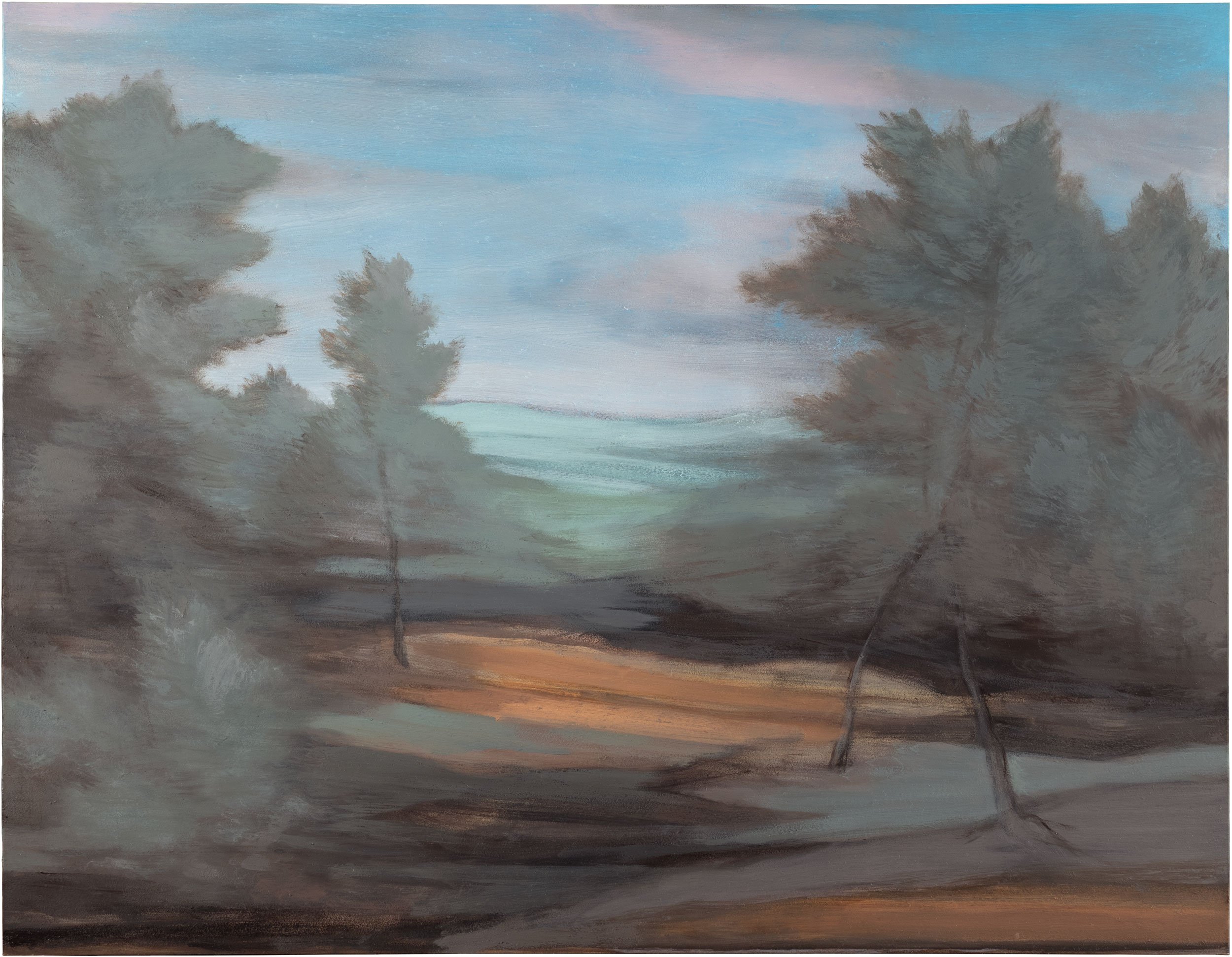 Evening Landscape oil painting by New York artist James Russell Thacker shows trees and distant valley under a twilight sky.