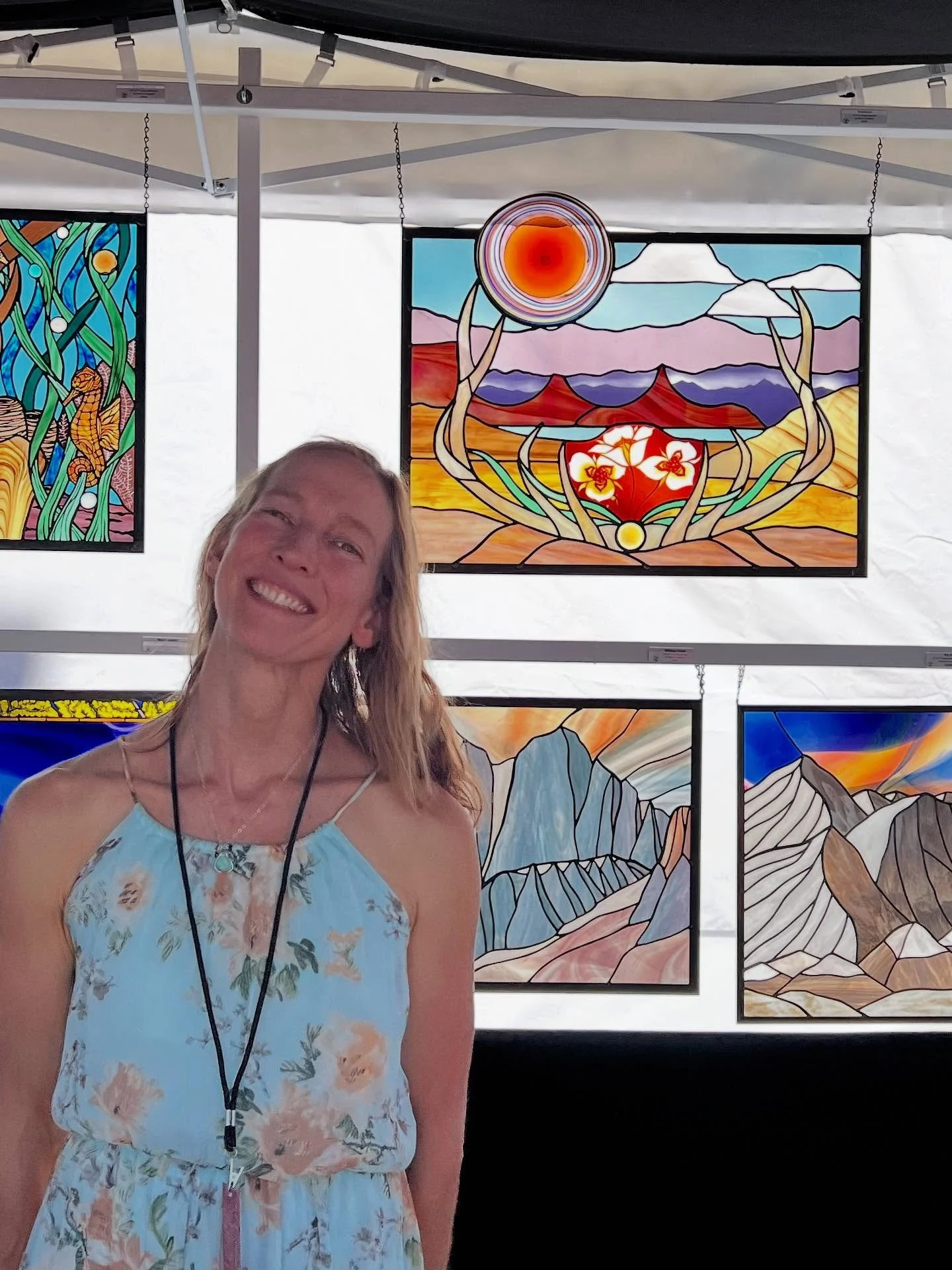 Hello! I&rsquo;m here! Booth G 236 at the top of Main Street in Park City Utah 🏜️ @kimballartcenter Art Festival. Would love to see you! #stainedglassartist #artfestival #southwestart