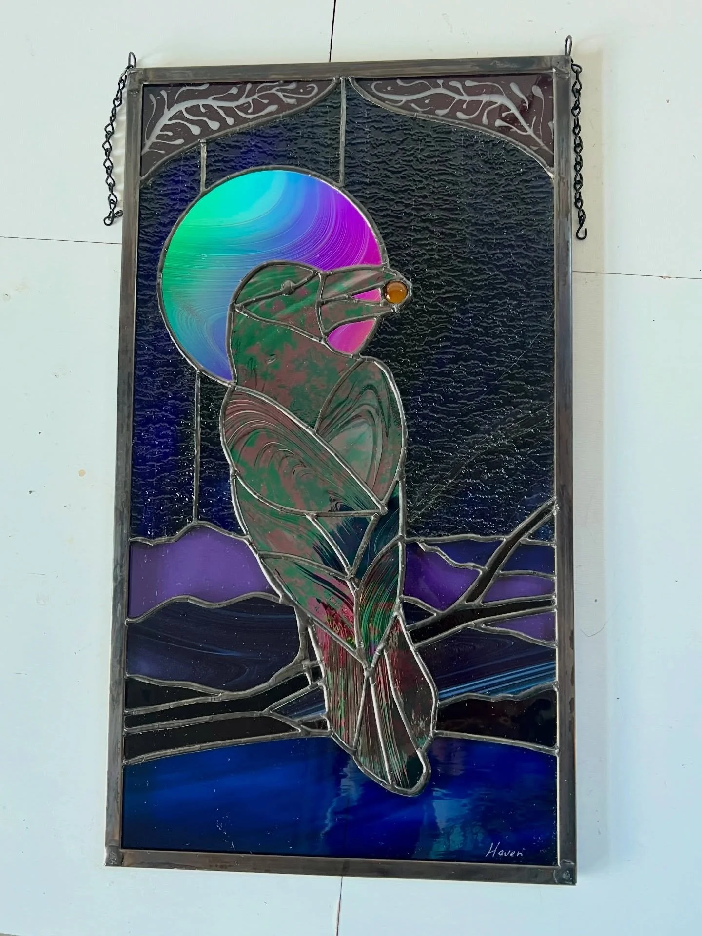 Variation 2 on The Light Thief #stainedglassart #raven #bloodmoon Thanks @olympiccolors for the strawberries and cream glass!