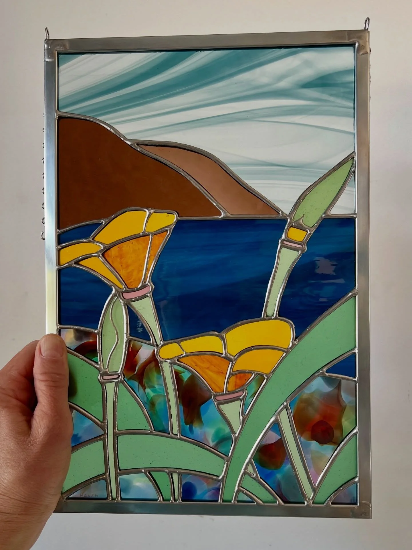 I love watching the poppies go off across California,starting in the foothills and radiating to the Central valley, Sierra and coast. This is a little snapshot of Big Sur in the springtime. #californiapoppy #stainedglassart #californiaartist #bigsur 