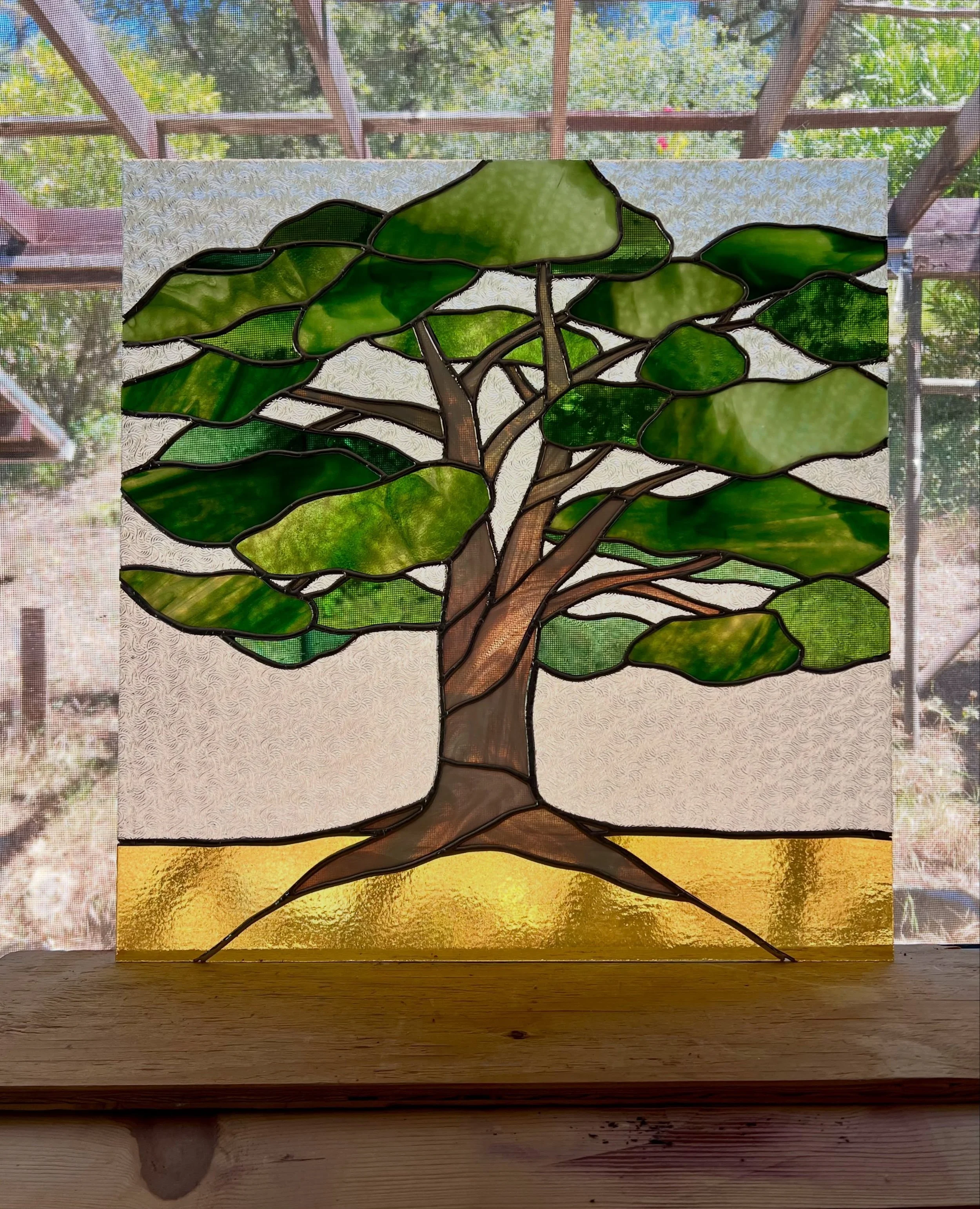 In honor of the mighty valley oak. Heading to a front door in Corrolitos soon! The patterned background glass was the original glass in the door from when the house was built and the owner wanted to maintain that history while giving tribute to the s