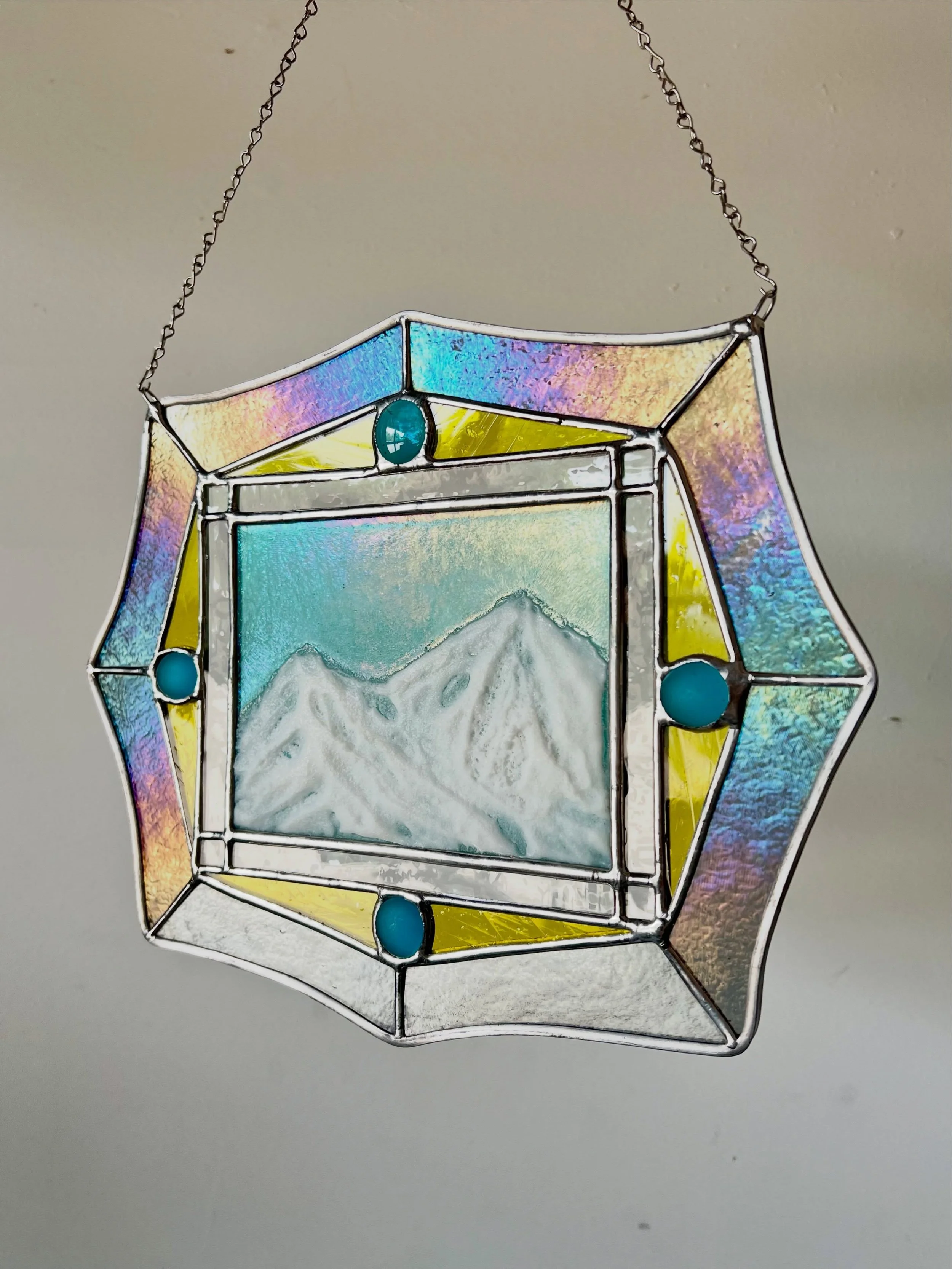 Rolling out a new range of mountains! #stainedglassmountains #stainedglass #sierranevada #mountainart 9&rdquo;x11&rdquo; available