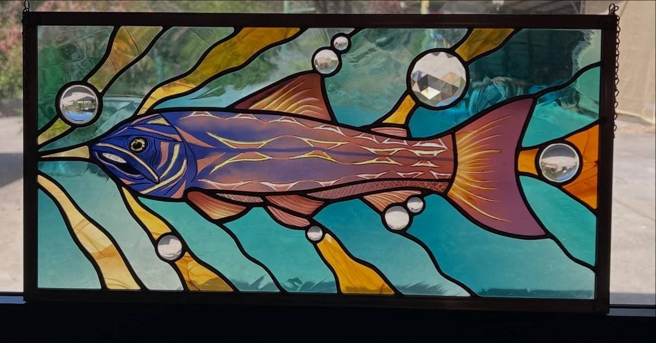 The Magic Fish 10&rdquo;x20&rdquo; #fishart #fishinglife #stainedglassfish #stainedglassart *available* 100% @fremont_antique_glass + German crystal gems