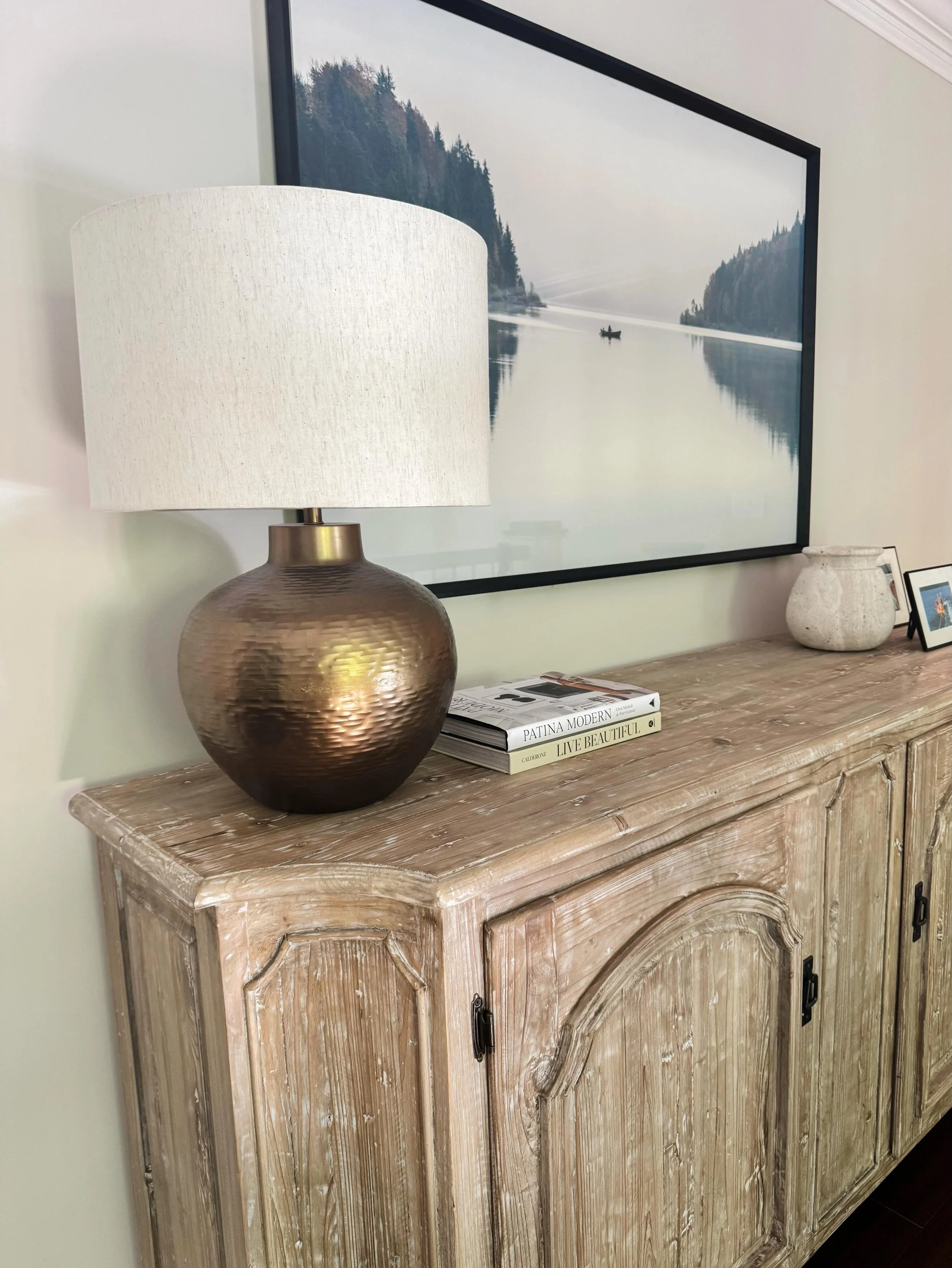 This beautiful chest adds character to the upstairs landing at this lovely lake house.