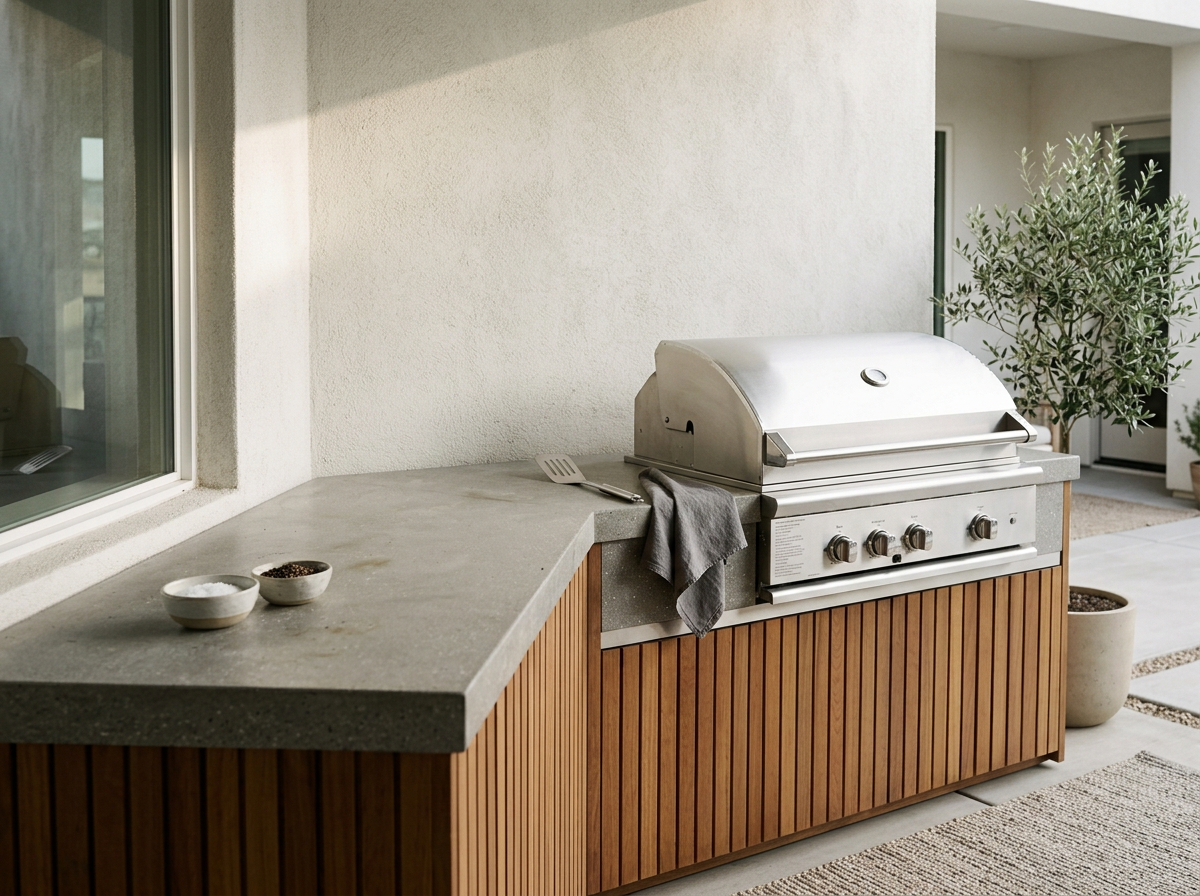outdoor kitchen concrete bench