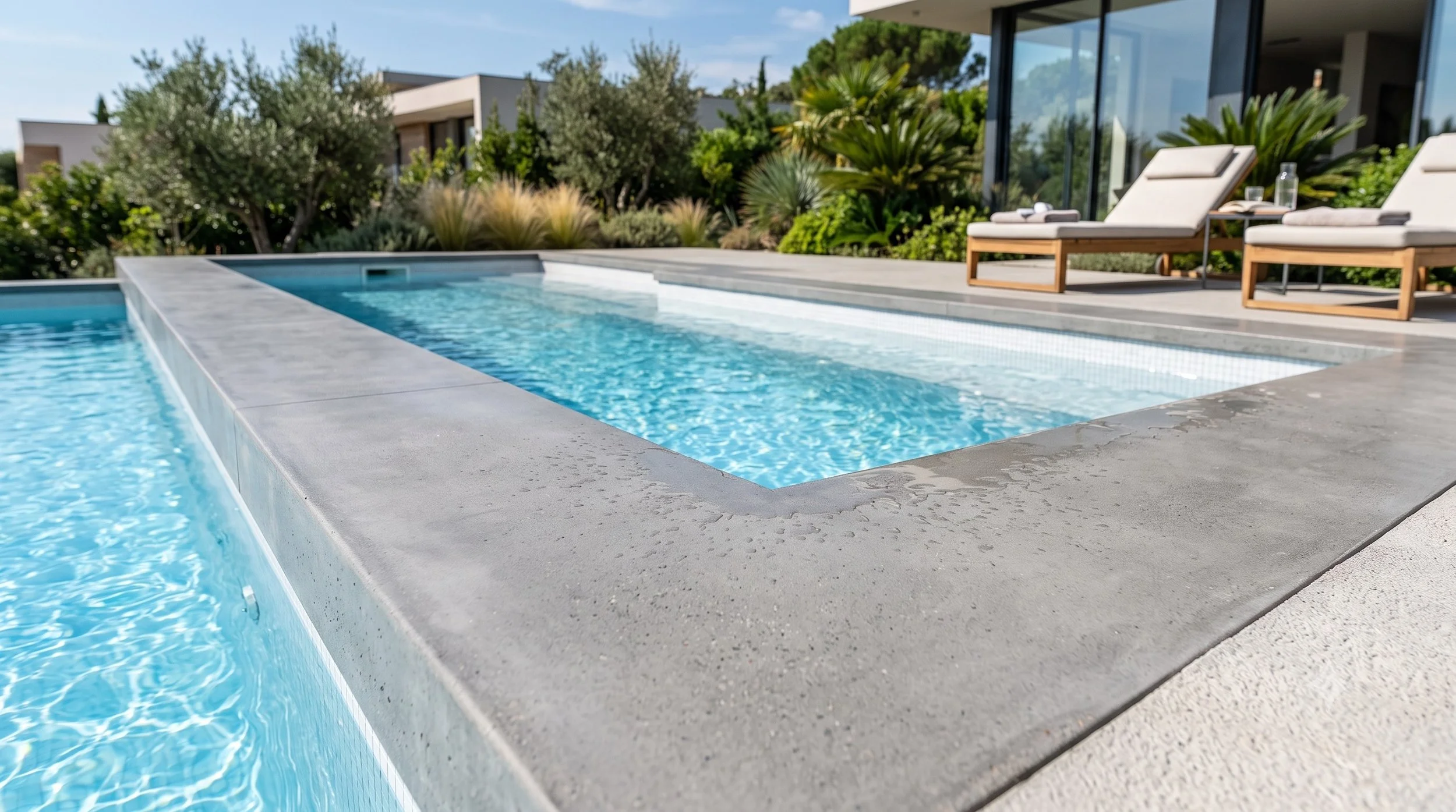 Modern backyard with a swimming pool and lounge chairs, surrounded by lush greenery and a contemporary house with large windows.