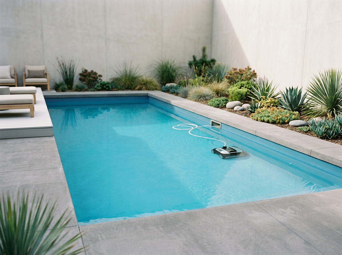 Empty modern swimming pool with a robotic pool cleaner, lounge chairs, and landscaped garden on a patio.