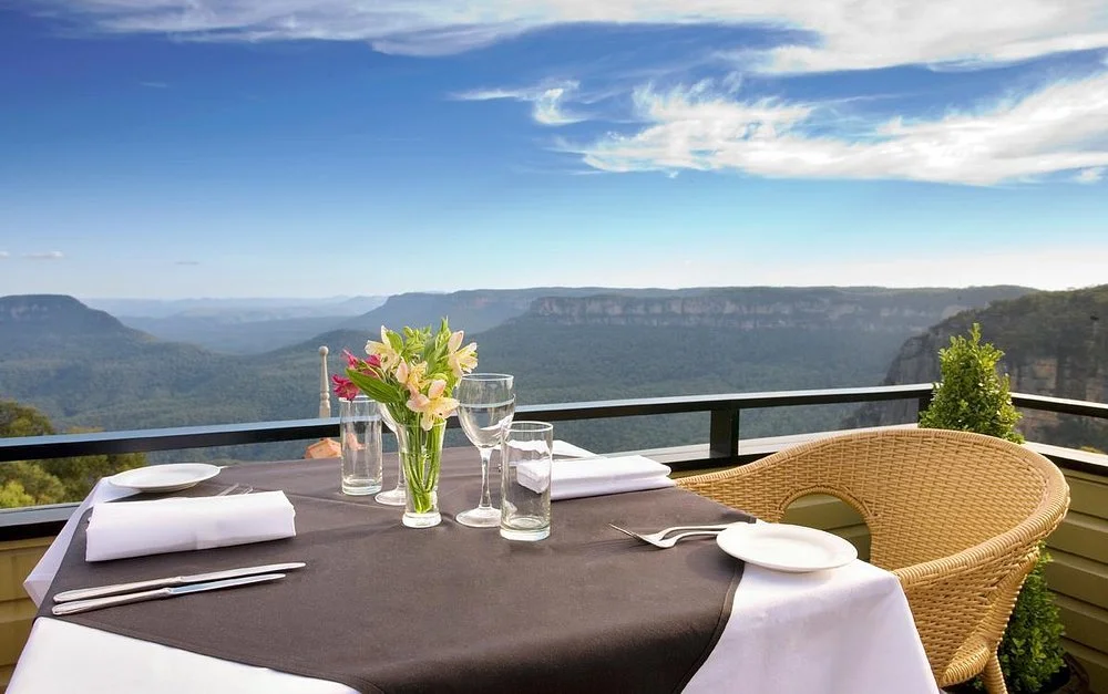 Dining table at Echoes Restaurant overlooking the Blue Mountains scenic valley view